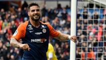 Montpellier's Algerian forward Andy Delort celebrates after scoring a goal during the French L1 football match between Montpellier (MHSC) and Saint-Etienne (ASSE) on February 9, 2020 at the Mosson stadium in Montpellier, southern France. (Photo by GERARD JULIEN / AFP) (Photo by GERARD JULIEN/AFP via Getty Images)