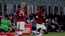 , ITALY - JULY 15: Franck Kessie of AC Milan celebrates 1-1 with Simon Kjaer of AC Milan during the Italian Serie A match between AC Milan v Parma on July 15, 2020 (Photo by Mattia Ozbot/Soccrates/Getty Images)	