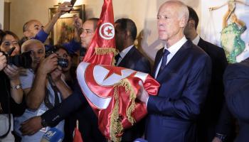 سعيّد لدى إعلان فوزه بالرئاسة في 2019، بتونس (تييري موناسيه/Getty)
